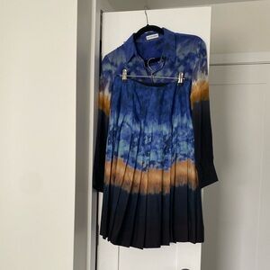 Altuzarra silky blue and Orange Pleated skirt with Long Sleeve shirt